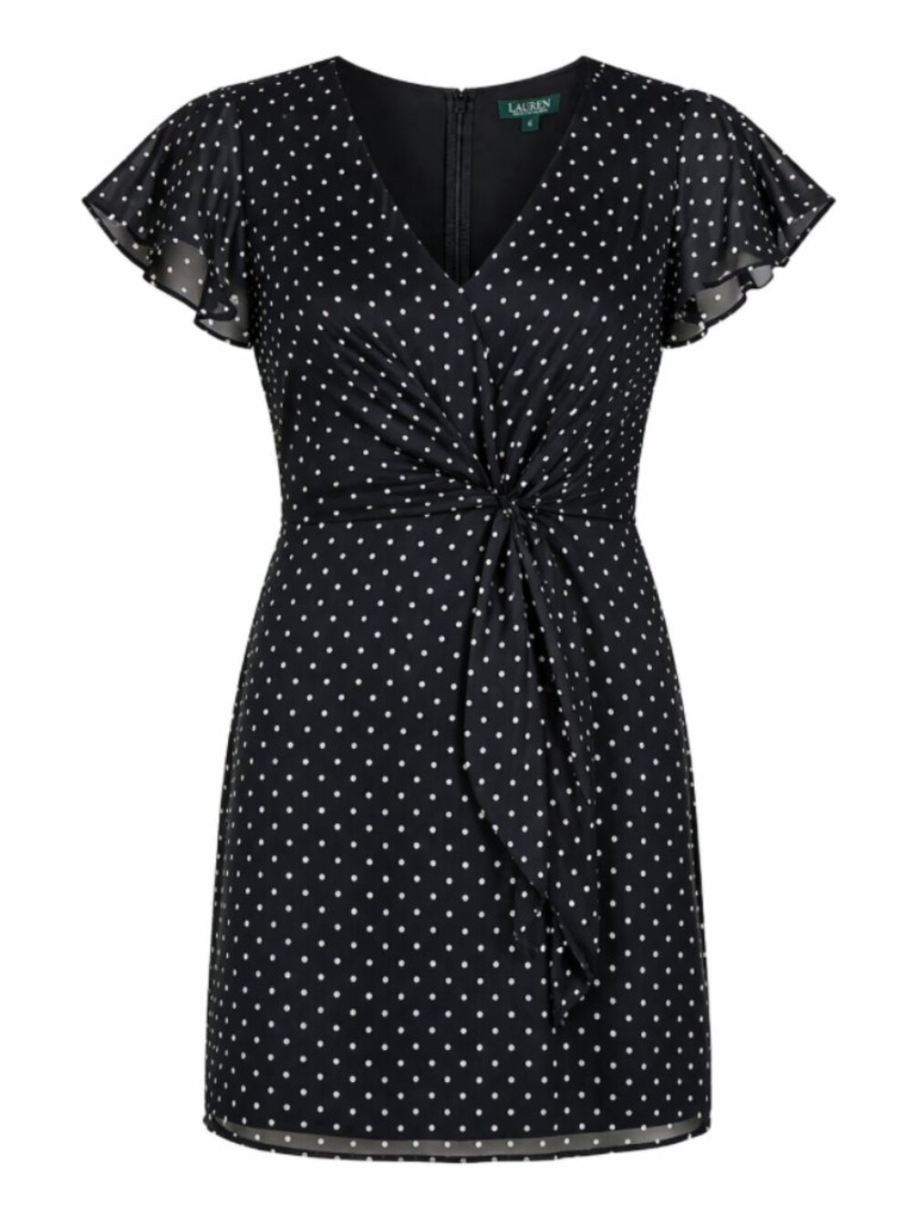 NWT Lauren Ralph Lauren Black Polka Dot Midi Dress with Tie Front